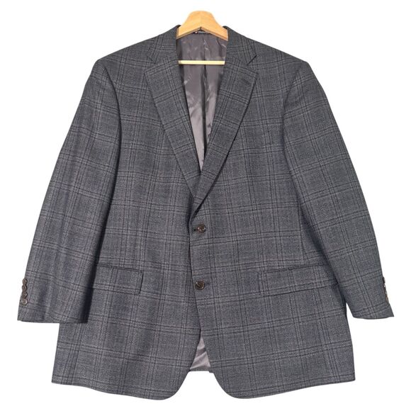 Hart Schaffner Marx HSM Sport Suit Coat Jacket Men 46R Windowpane Plaid Grey USA